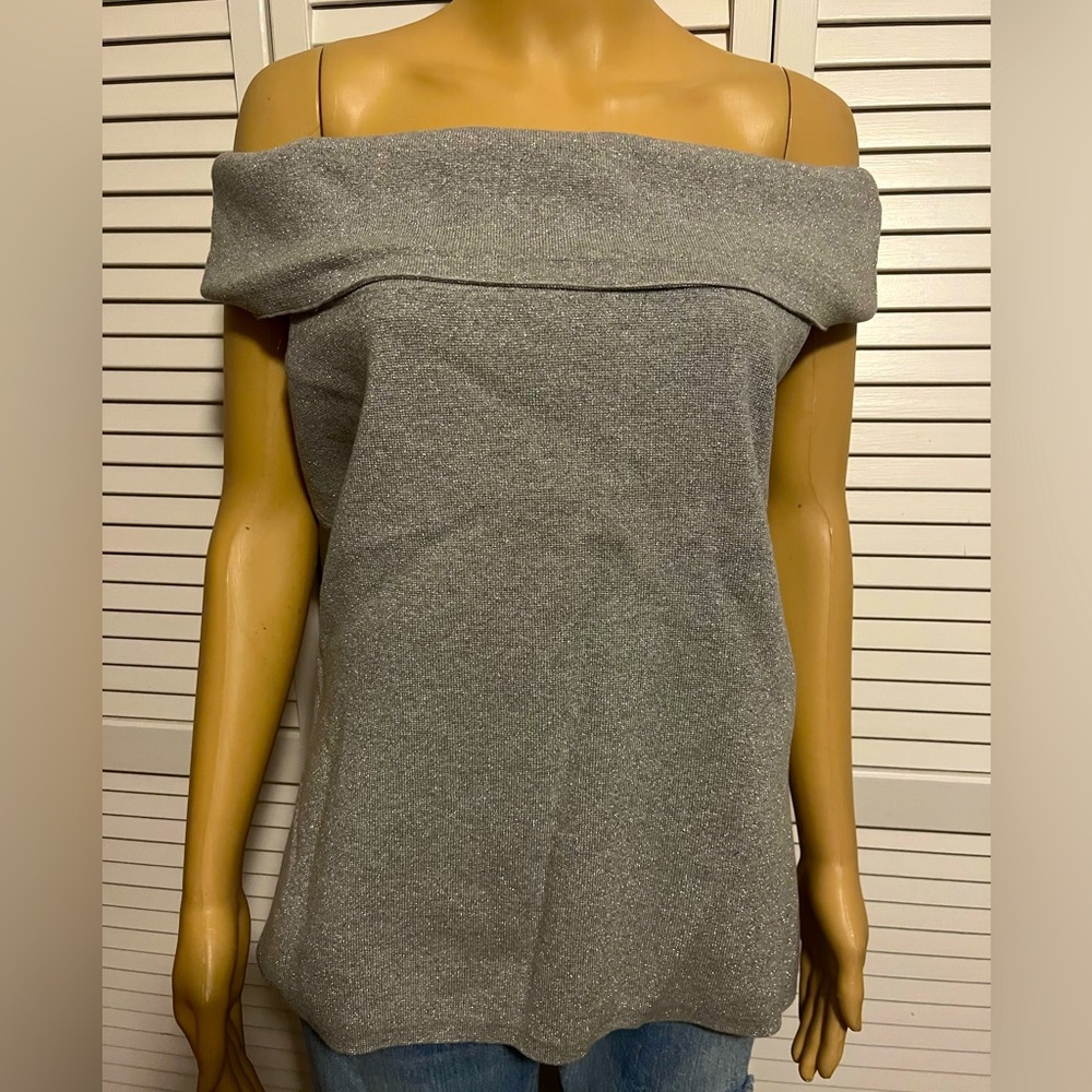 Pretty Ann Taylor size petite large silver metallic sleeveless sweater NWT